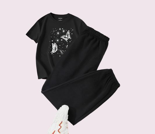 BLACK TROUSER - BLACK TEE SATURN BUTTERFLY