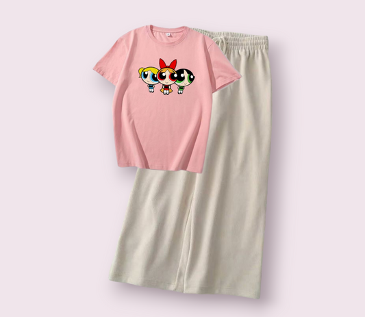 BEIGE FLAPPER - PINK TEE 3 BUTTERCUPS