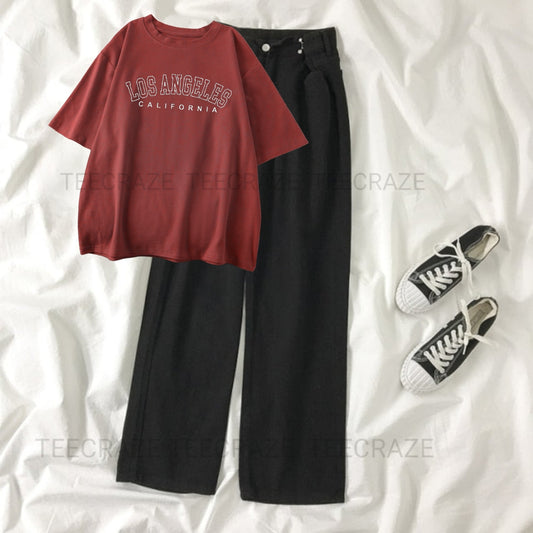 BLACK WIDE LEG JEANS - MAROON T-SHIRT LOSS ANGELES