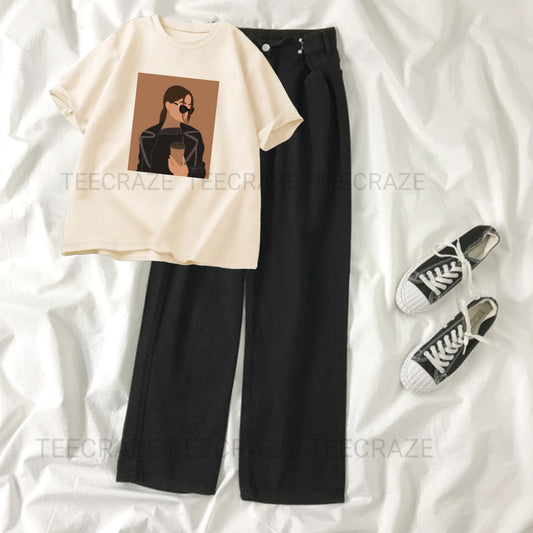 BLACK WIDE LEG JEANS - BEIGE T SHIRT COFFEE GIRL