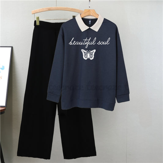 NAVY BLUE  COLLAR SWEATSHIRT BEAUTIFUL SOUL BUTTERFLY - BLACK FLAPPER