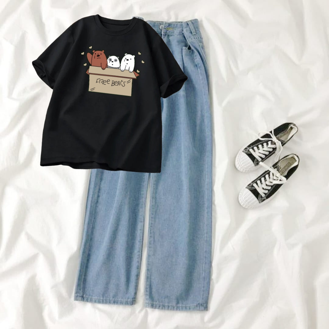 SKY BLUE WIDE LEG JEANS - BLACK T-SHIRT FREE BEARS