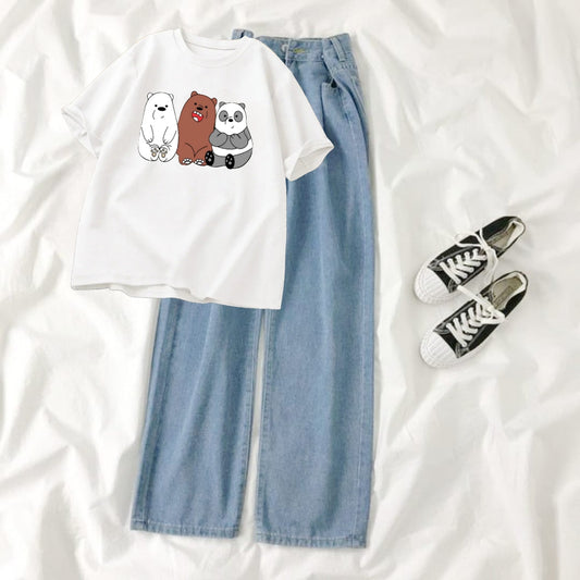 SKY BLUE WIDE LEG JEANS - WHITE T-SHIRT 3 BEARS