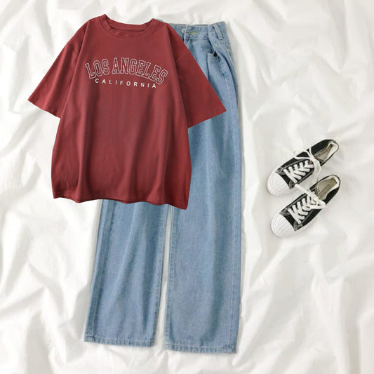 SKY BLUE WIDE LEG JEANS - MAROON T-SHIRT LOSS ANGELES