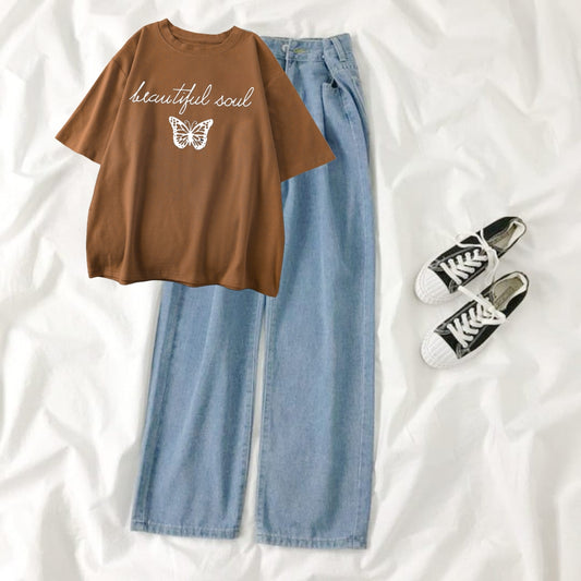 SKY BLUE WIDE LEG JEANS - BROWN T-SHIRT BEAUTIFULL SOUL