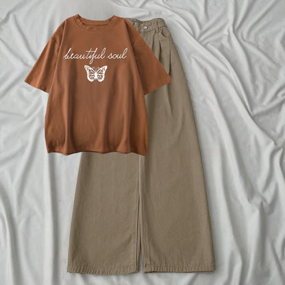 BEIGE WIDE LEG JEANS - BROWN T-SHIRT BEAUTIFULL SOUL