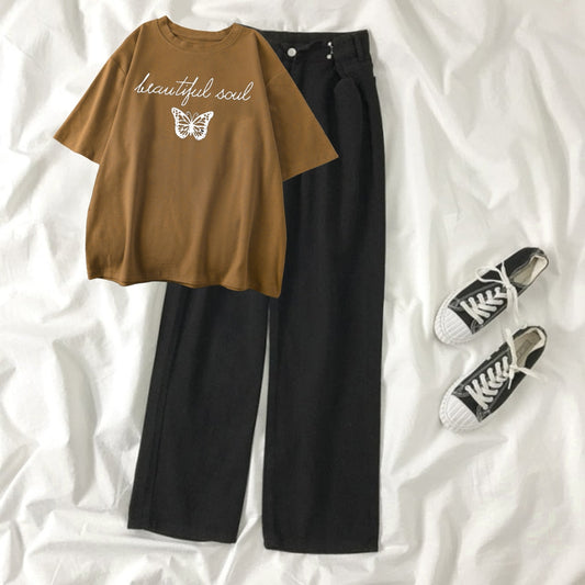 BLACK WIDE LEG JEANS - BROWN T-SHIRT BEAUTIFULL SOUL