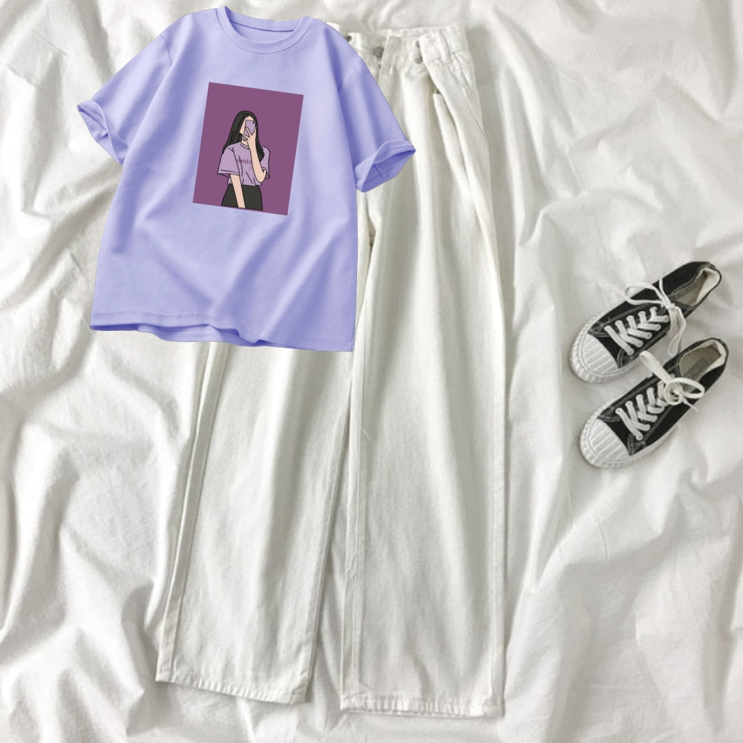 WHITE WIDE LEG JEANS - LILAC T-SHIRT SELFIE GIRL