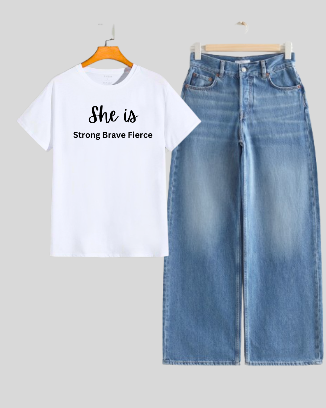 SKY BLUE WIDE LEG JEANS - WHITE TEE SHE IS STRONG BRAVE