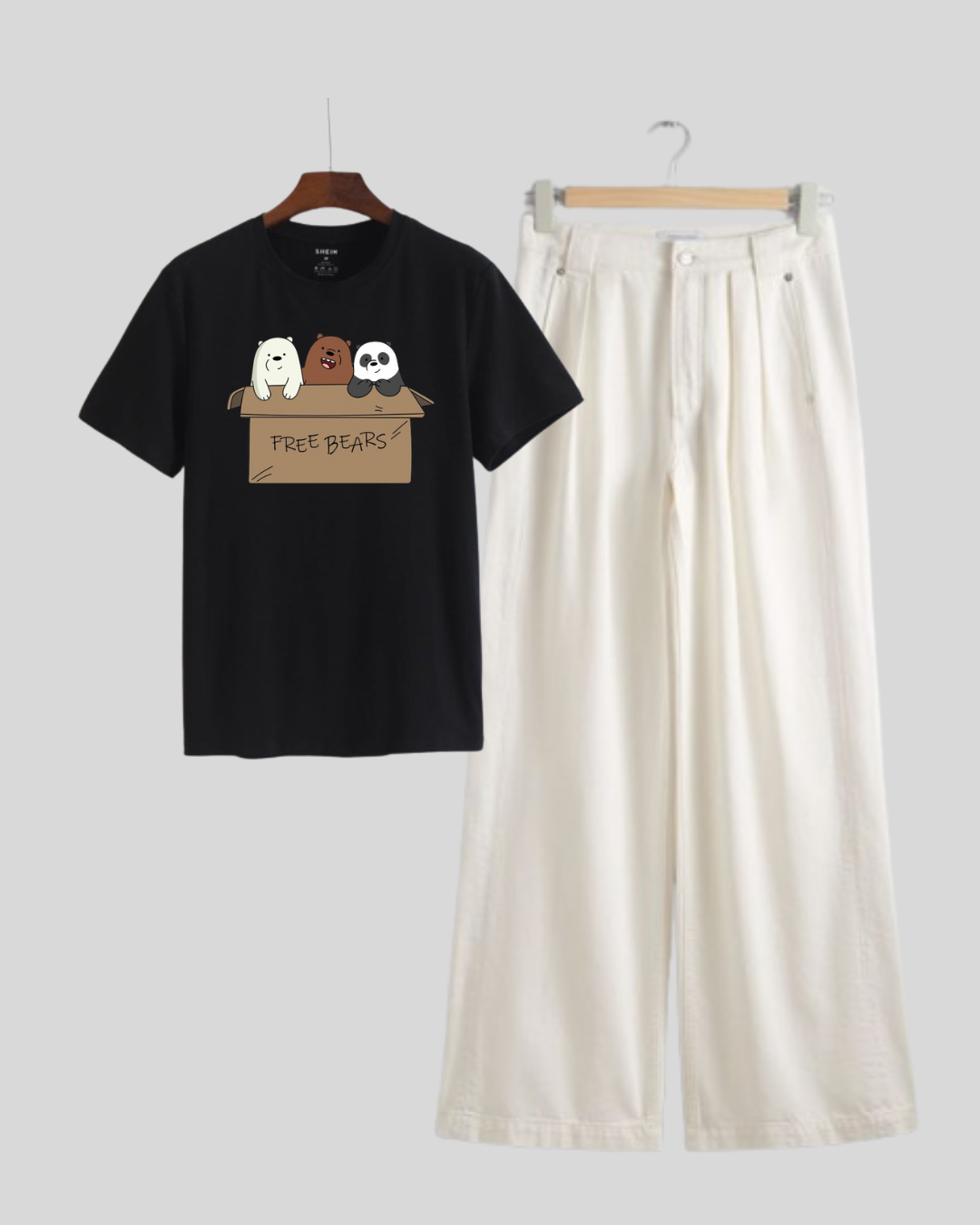 WHITE WIDE LEG JEANS - BLACK TEE SHIRT FREE BEARS