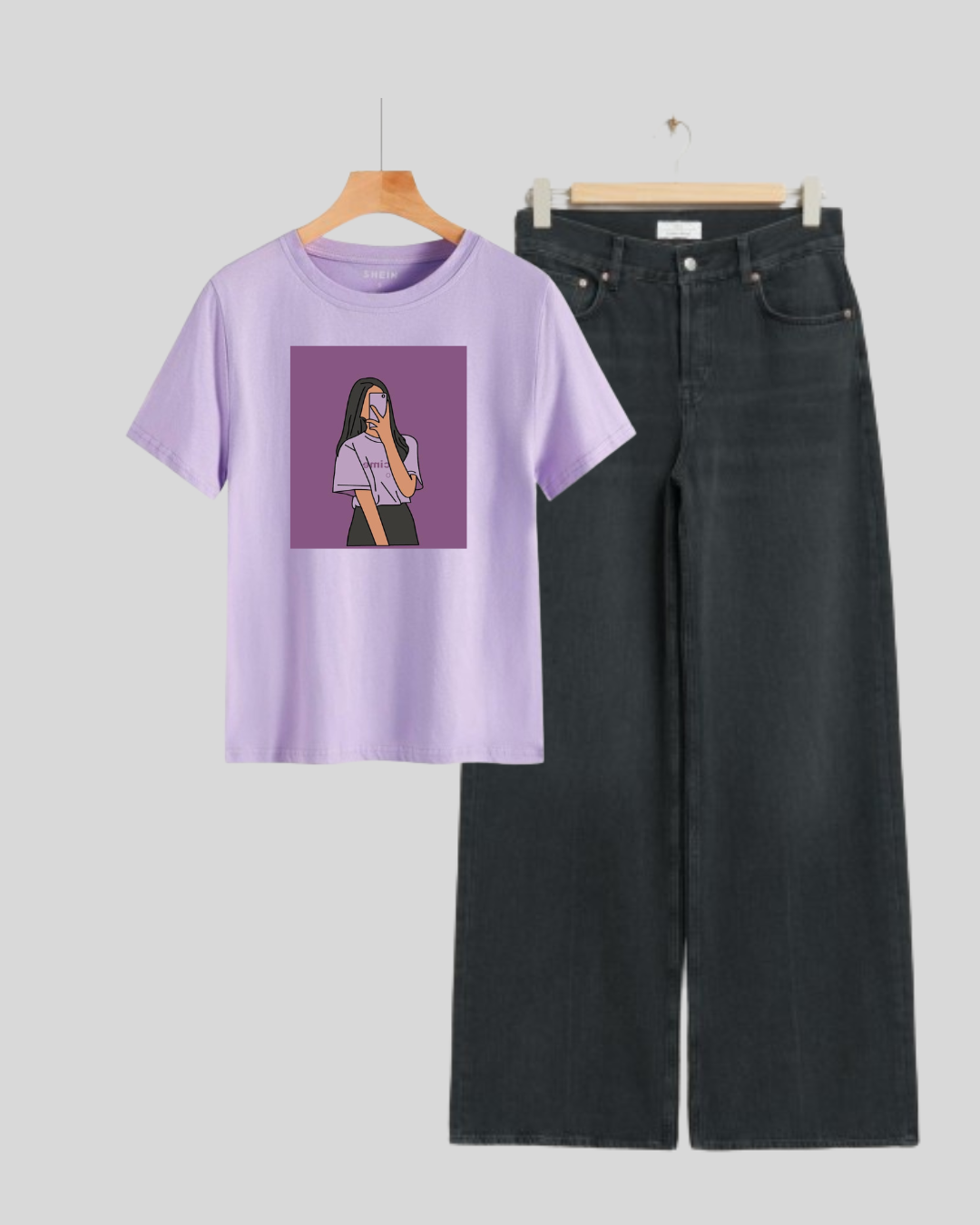 BLACK  WIDE LEG JEANS - LILAC TEE SELFIE GIRL