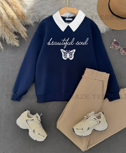 Navy Blue Collar Sweatshirt Beautiful soul- Beige Flapper