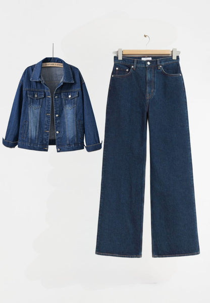 MID BLUE DENIM JACKET - MID BLUE WIDE JEANS