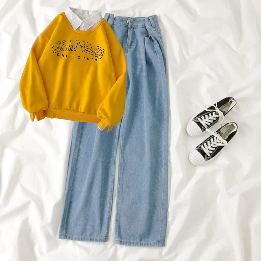 YELLOW COLLERED SWEATSHIRT LOSS ANGELES - SKY BLUE WIDE LEG JEANS