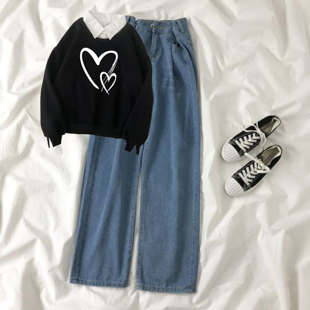 BLACK COLLERED SWEATSHIRT 2 HEARTS- MID BLUE WIDE LEG JEANS