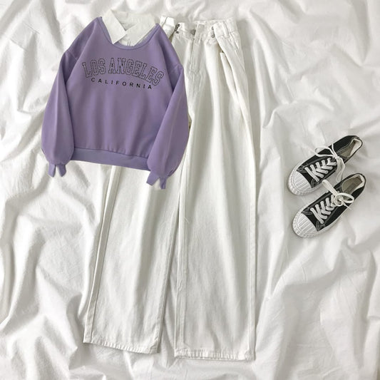 LILAC COLLERED SWEATSHIRT LOSS ANGELES - WHITE WIDE LEG JEANS