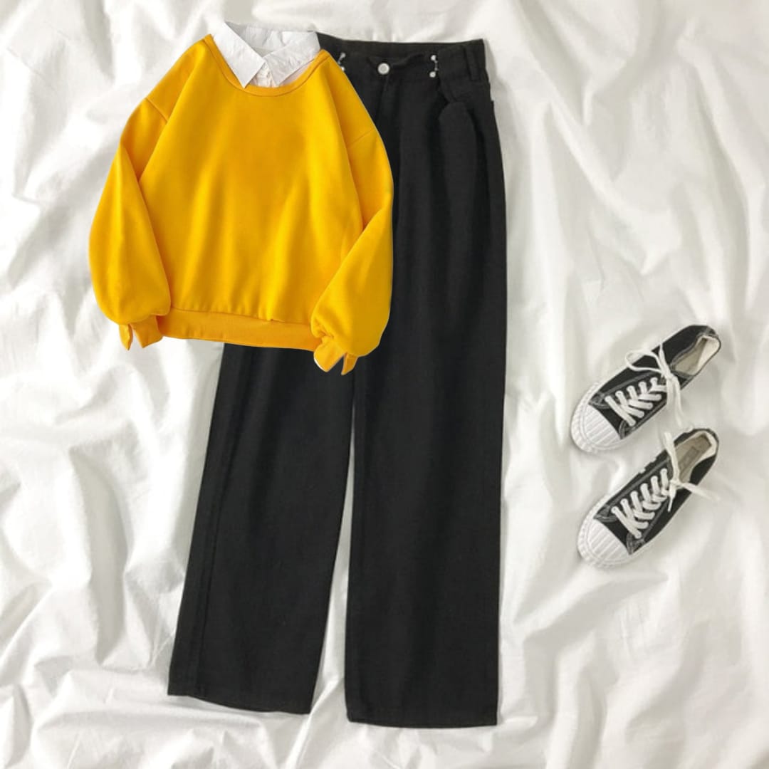 YELLOW COLLERED SWEATSHIRT  -BLACK WIDE LEG JEANS